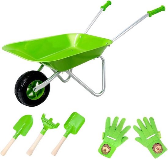 Kinder tuinset Kruiwagenset voor kinderen metalen constructie wielkat eenvoudig te monteren en 3 stuks kindertuingereedschap - tuingereedschap voor kinderen - tuingfits voor kinderen (groen) kinder tuinset van Stirlingwandeling
