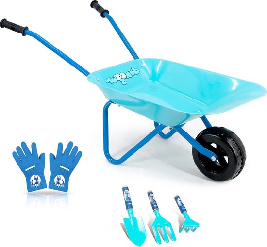 Kinder tuinset metalen kruiwagen voor kinderen - 5 stuks kruiwagen voor kinderen tuinset met schop hark vork - kinderhandschoenen blauw kinder tuinset van Tectake