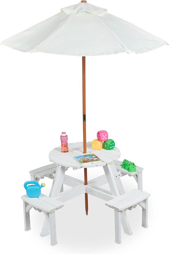 Kinder Tuinset Picknicktafel Parasol Rond Tafelblad Hout Kindertafel Stoeltjes Buiten White kinder tuinset van Kinder