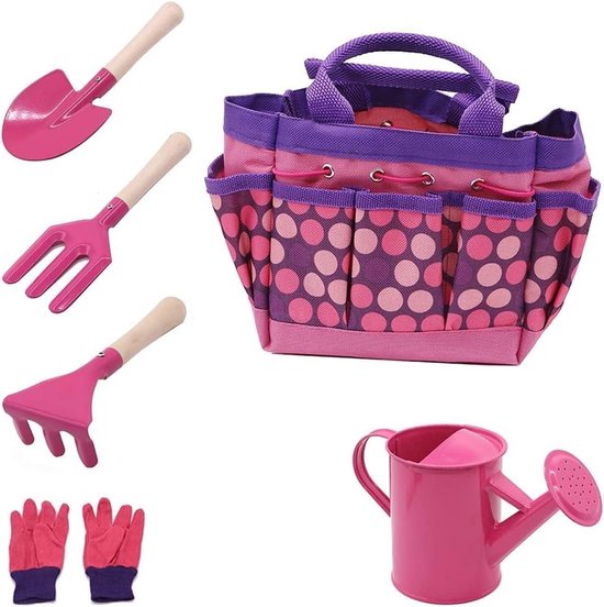 Kinder tuinset - Roze Tuingereedschap Set voor Peuters - Meisjes Gieter Handschoenen Troffel Schop Hark Tuintas - Kids Smock kinder tuinset van Merkloos	