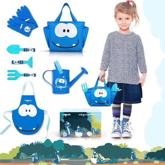 Kinder Tuinset - Speelgoed Tuingereedschap voor Kinderen - Gieter Vork Hark Troffel Schort en Tote kinder tuinset van Theestraten Trading