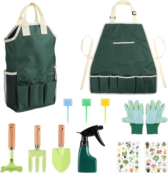 Kinder tuinset Tuingereedschap Set Kinderen Vorken Schoppen Harken Tassen Flessen Handschoenen Slabbetjes Strandgereedschap Groen kinder tuinset van Kinder