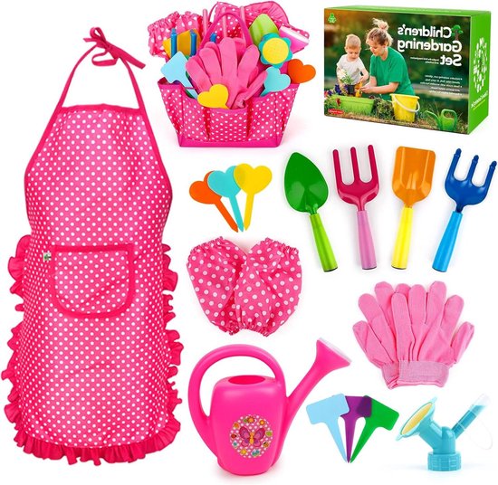 Kinder tuinset - Tuingereedschap voor kinderen - Tuingereedschapset - Gieter - Tuinhandschoenen - Tuinschort - Tuinschop - Klein tuintas - Schop - Tuin speelgoed (rood) kinder tuinset van Kinder