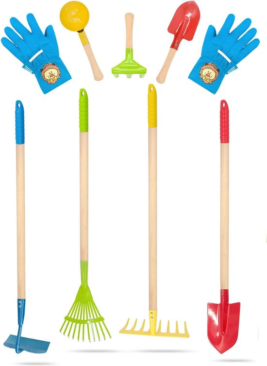 Kinder Tuinset - Tuingereedschapsset - voor Kinderen - Inclusief Lange Hark - Gazonhark -Schoffel - Schop - Kleine Hark - Schop - Tuinlepel Voor Tuincadeaus - Tuineren - Buitenactiviteiten - Mix Kleuren van Talen Tools