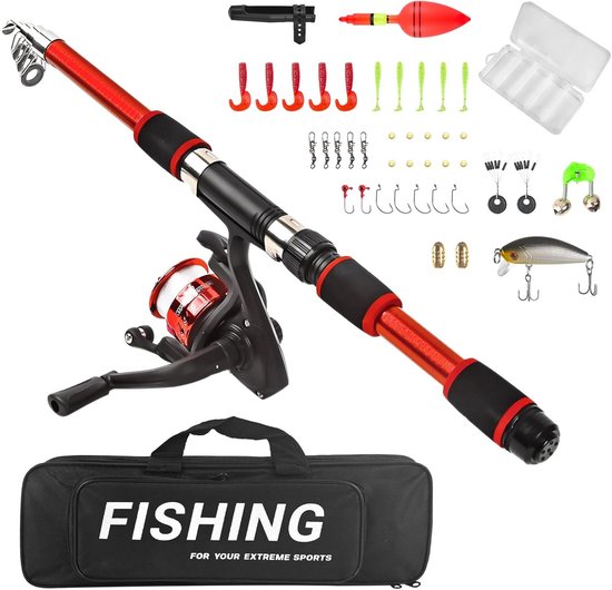 Kinder Vishengel Set - Telescoophengel Compleet - Vissen Leren - Lichtgewicht Carbon Fiber - 1.5 Meter - Rood