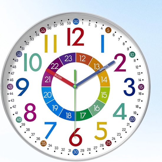 Kinder Wandklok - Leerklok zonder Tikgeluid - 25 cm Analoge Kinderwatch voor Tijd leren met Geluidsloze Beweging - Wandklok voor Kinderkamer voor Meisjes en Jongens