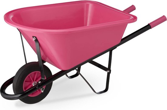 Kinderkruiwagen metaal met kunststof bak tot 10 kg tuinkruiwagen kind kruiwagen speelgoed felroze/zwart - Duurzaam en leuk speelgoed Kruiwagen van Relaxdays