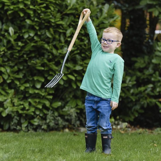 Kinderspatvork – lichte tuinfork voor kinderen van roestvrij staal, kleine hooivork met steel van essenhout, lengte: 71 cm van Esschert Design