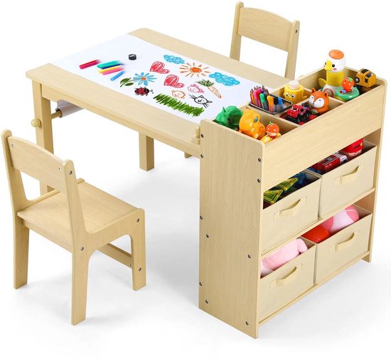 Kindertafel - Kinderkunsttafel en 2 Stoelenset - Kindertafel en Stoeltjes - Ruime Knutseltafel - voor Tekenen - Activiteiten - Studeren - Ideaal Houten Meubilair - met Opbergplanken van Waimea