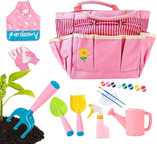 Kindertuingereedschap Set - Buiten Speelgoed - Tuinieren met Kinderen - Splintervrije Handvatten - 22 x 19 x 12 cm - Roze