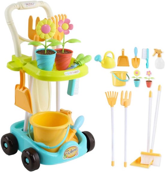 Kindertuingereedschap Set met Trolley en Plantenbakken van Merkloos	