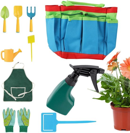 Kindertuingereedschap Set - Schep en Hark - Buiten Spelen - Ergonomische Houten Handgreep - 10 Delig - Meerkleurig