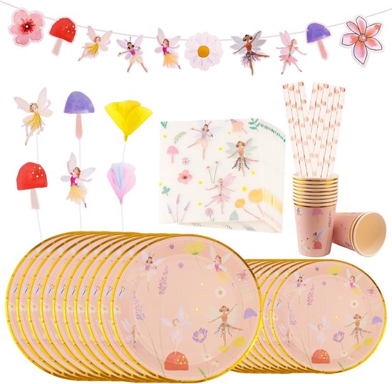 kinderverjaardag, feeënfeest, verjaardagsdecoratie, meisjes, feeën, verjaardag, feestservies, set, kleurrijke papieren borden, kartonnen borden, taartlijsten, La Banner rietjes