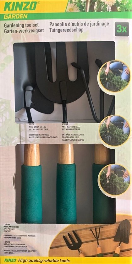 Kinzo 3 Delige Tuinierset - Handhark, Spitvork, Handschep - Metaal met Hout - Soft Grip - Antikleef Coating van Kinzo