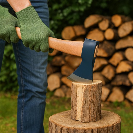 Kinzo Handbijl 38x15x2,5 cm - Bijl met FSC-Houten Steel en Stalen Kop - Kleine Bijl voor Tuin, Kamperen en Houtbewerking - FSC Hout en Gerecycled Karton