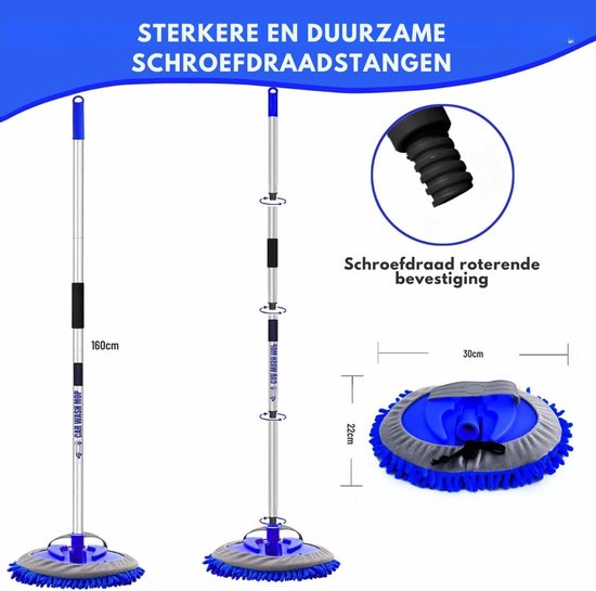 Klarven® Autowasborstel Blauw - Telescopisch Met Lange Steel - Zachte Microvezel Kop, Krasvrij En Veilig Wassen - Steel L 160 cm