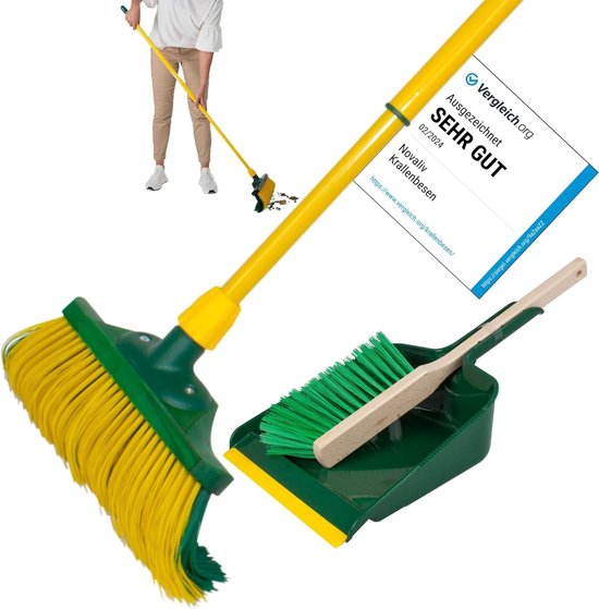 Klauwbezemset 40 cm hout met telescopische steel gebogen borstelharen met veegset tuinbezem straatbezem veegbezem (bezem + stoffer en blik set lange steel, 40 cm) van Merkloos	