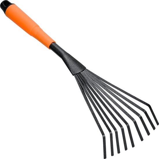 Kleine bezem, roestvrijstalen bladhark, hark, kleine hark, tuinhark met 9 wortels, handventilator, bladbezem, hark, polystruikhark, tuingereedschap voor het opruimen van gevallen bladeren van Klein