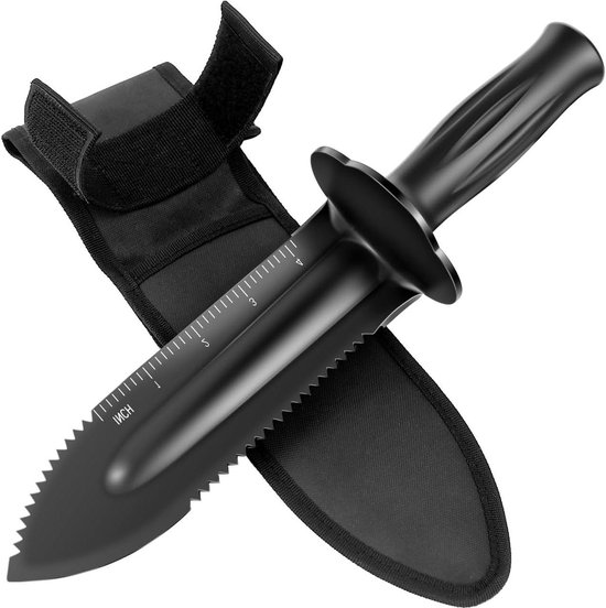 Kleine dubbel getande graafschep met schede en meetschaal voor metaaldetector accessoires camping tuinieren landschapsarchitectuur van Thexwo zweibrüder.