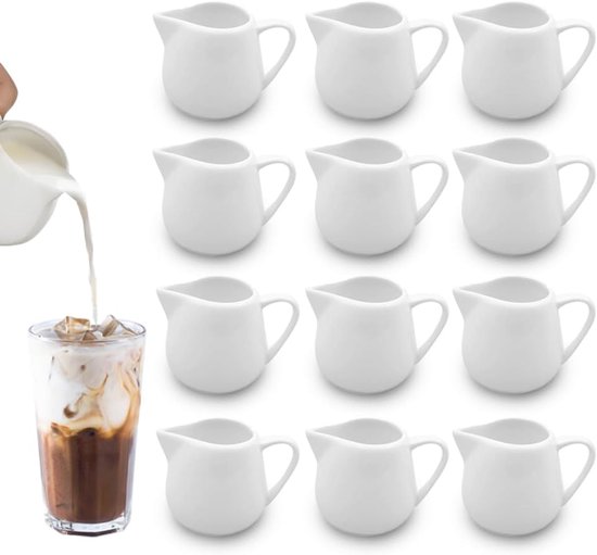 Kleine melkkannetjes - 12 stuks - 50 ml mini-melkkannetjes van wit keramiek met handvat - mini-kan voor melk - koffiekop en sauzen - kleine keramische kan voor melk - koffie - sauzen van Merkloos	