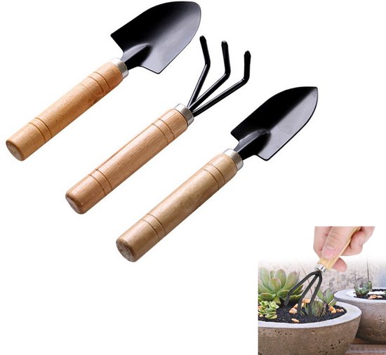 kleine tuingereedschapset - Plantgereedschapset met kleine tuinspade - ergonomische handhark - roestbestendige handgreep van massief hout - Spade voor graven en verzorging van kamerplanten - zwart - 3-delige van Kreator