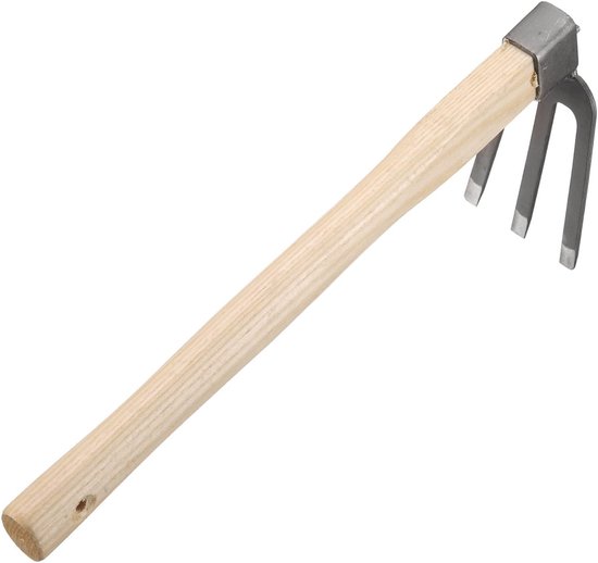 Kleine tuinschoffel- handschoffel- botanische schoffel- eenhandige tuinschoffel- tuinschoffel met houten handvat- tuingereedschap met houten handvat en drie klauwen.