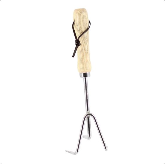Kleingrubber met houten handvat - Tuinklauw cultivator hark - Bodem losmaken luchten - Roestvrij staal 3 tanden - 31 cm