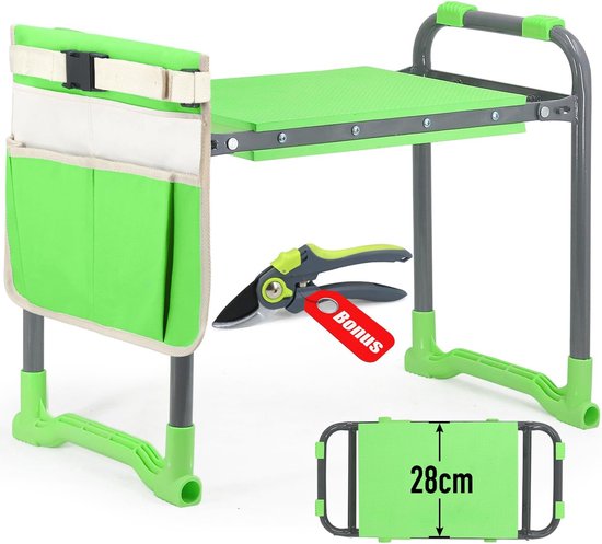 Kniebank - Tuinkruk - Zitkussen - Zwaar Uitgevoerd - Zacht - met Handgrepen - Kniebescherming - Antislip - Tuinbank - Extra Snoeischaar - Tas - voor Tuineren - Tuingeschenken - Draagkracht Tot 160 kg - 36x28x45cm - Groen van ProGarden