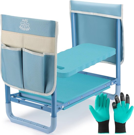 Kniebank voor tuinieren, tuinkniebank, inklapbaar, tuinkruk tot 159 kg, tuinstoel om te knieën en te zitten, robuuste kniebank met kniekussen, gereedschapszakken, grafhandschoenen van Sekey