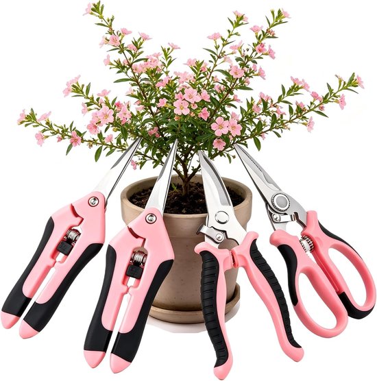 Knipschaar tuin - Roze - 4-delige set - Roestvrijstalen snoeischaren met ergonomische handgreep - Voor precisie in tuinieren