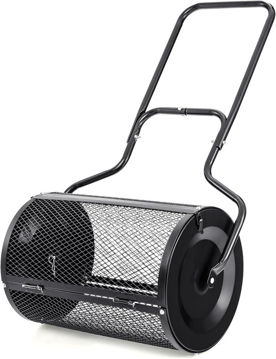 KOMFOTTEU Compoststrooier, 75 liter, turfstrooier met handgreep en zijsluitingen, gazonmeststrooier met metalen rooster, zaadstrooier, turfmosstrooier, tuinstrooier voor compost, meststof, zaad, zwart van KOMFOTTEU