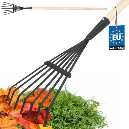 KOTARBAU® Bladhark, Staal, 14 cm, Bladbezem, met Houten Steel, 108 cm, Stevige Hark,Tuinhark, Gazonhark, voor Bladeren Gras Tuin, Ergonomisch Tuingereedschap, Zwart Natuurlijk Hout van Merkloos	