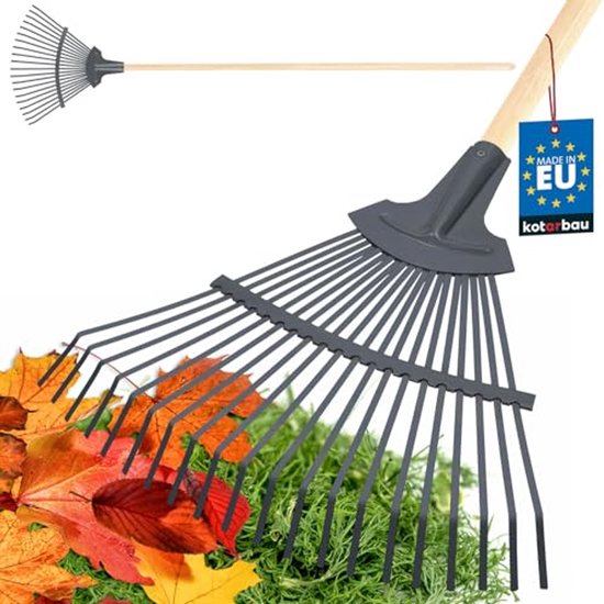 KOTARBAU® Bladhark, Staal, 44 cm, Bladbezem, met Houten Steel, 191 cm, Stevige Hark, Tuinhark, Gazonhark, voor Bladeren Gras Tuin, Ergonomisch Tuingereedschap, Grijs Natuurlijk Hout van Merkloos	