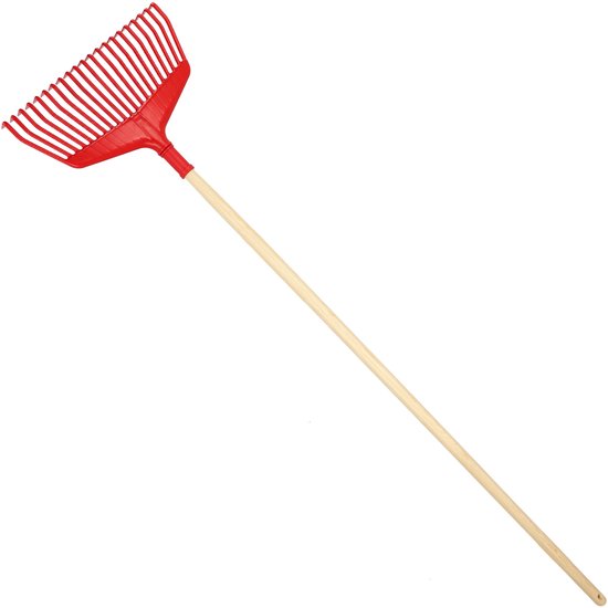 KOTARBAU® Bladhark, Tuinhark van Kunststof, 38 cm, met Houten Steel, 150 cm, Extra-Click, Gazonhark, Waaierbezem, Stevige Hark, Hark voor Gras Tuin Gazon, Rood & Gelakt Hout van Merkloos	