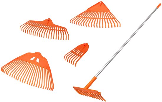 KOTARBAU® Set 5-Delig Bladhark, Kunststof, 150 cm, Oranje, Tuinhark, Gazonhark, Stevige Hark, Uitwisselbare Opzetstukken, met Aluminium Steel, Extra-Click van Merkloos	