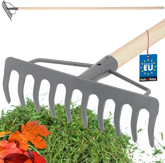 KOTARBAU® Tuinhark, Gazonhark, Bladhark, Metaal, 26 cm, Grijs & Naturel, Tuinhark voor Gazon, Met Houten Steel, 10 Tanden, Stevige Hark, Waaierbezem, Robuust Tuingereedschap van Merkloos	