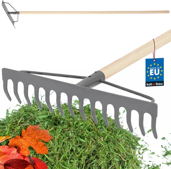 KOTARBAU® Tuinhark, Gazonhark, Bladhark, Metaal, 36 cm, Grijs & Naturel, Tuinhark voor Gazon, Met Houten Steel, 14 Tanden, Stevige Hark, Waaierbezem, Robuust Tuingereedschap van Merkloos	