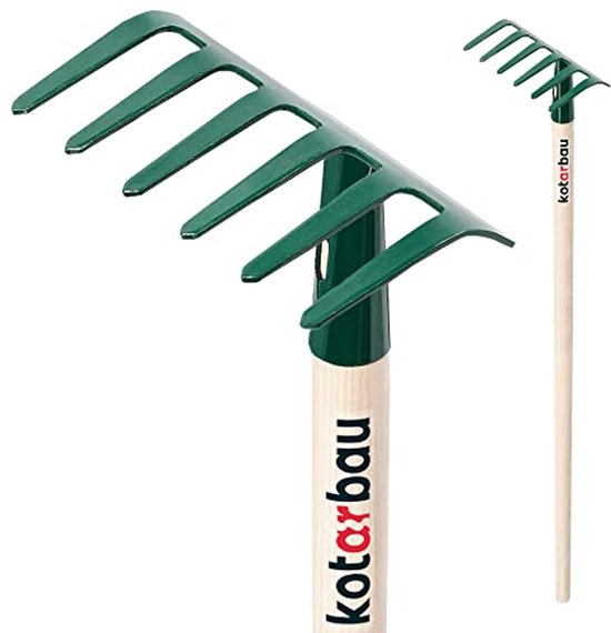 KOTARBAU® Tuinhark, Metalen Hark, 11,5 cm, Handhark met Houten Steel, 105 cm, Stevige Hark, voor Bloemenbedden, 6 Tanden, Ergonomisch, Compact Formaat, Groen, Staal van Merkloos	