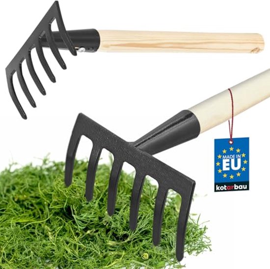 KOTARBAU® Tuinhark, Metalen Hark, 11,5 cm, Handhark met Houten Steel, 105 cm, Stevige Hark, voor Bloemenbedden, 6 Tanden, Ergonomisch, Compact Formaat, Zwart, Staal van Merkloos	