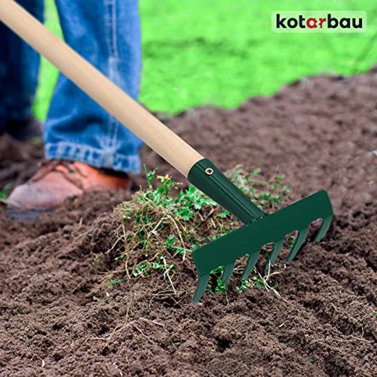 KOTARBAU® Tuinhark, Metalen Hark, 11,5 cm, Handhark met Houten Steel, 60 cm, Stevige Hark, voor Bloemenbedden, 6 Tanden, Ergonomisch, Compact Formaat, Groen, Staal van Merkloos	