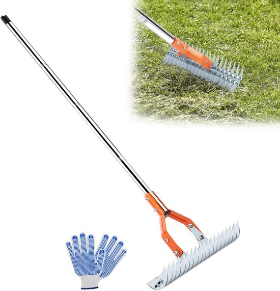 Krachtige 15 Inch Grasmaaier Hark met Handschoenen, 162cm Veelzijdige Hark voor Verdord Gras, Tuinonderhoud en Grondreiniging van Merkloos	