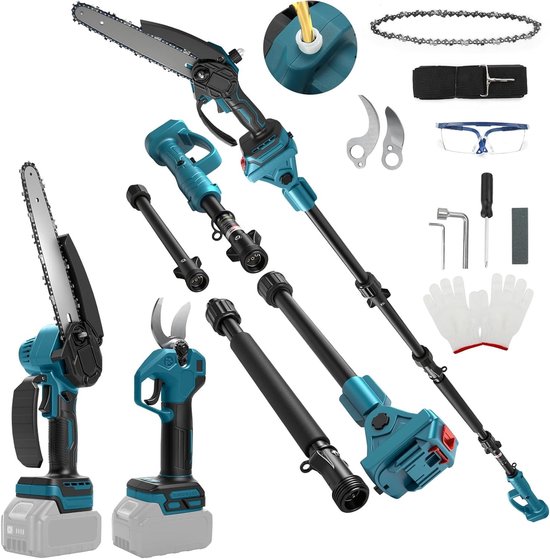 Krachtige 4-in-1 Tuingereedschapset met 8 Inch Mini Kettingzaag en Elektrische Heggenschaar voor Boom Snoeien en Tuinonderhoud, Bereik tot 4.57 m, Geschikt voor 18V Batterijen