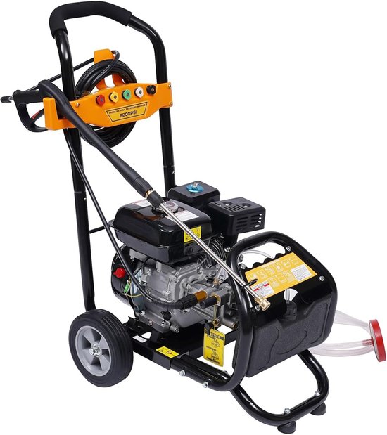 Krachtige Benzine Hogedrukreiniger met 5 Sproeiers en Slanghaspel - 7,5 PK van Merkloos	