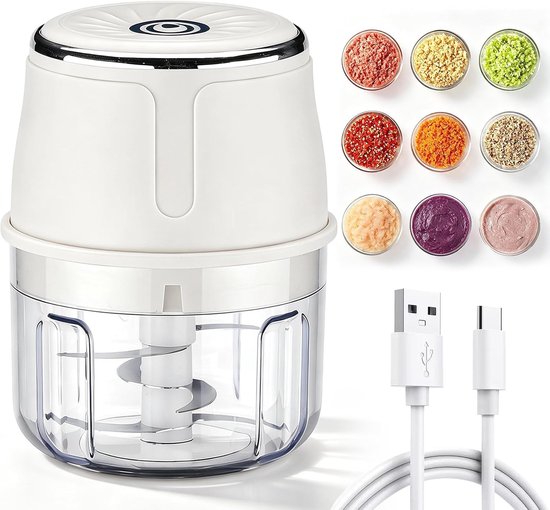 Krachtige mini-hakmolen voor uien, knoflook, groenten, noten en vlees - 350 ml, USB-oplaadbaar met 6 messen