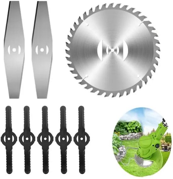 Kraftverdia Grasmaaier Messen Set – 8-delige Set met 1 Zaagblad, 2 Stalen Messen en 5 Kunststof Messen – Accessoires voor Accu Bosmaaier en Grastrimmer – Voor Gras, Onkruid en Struiken