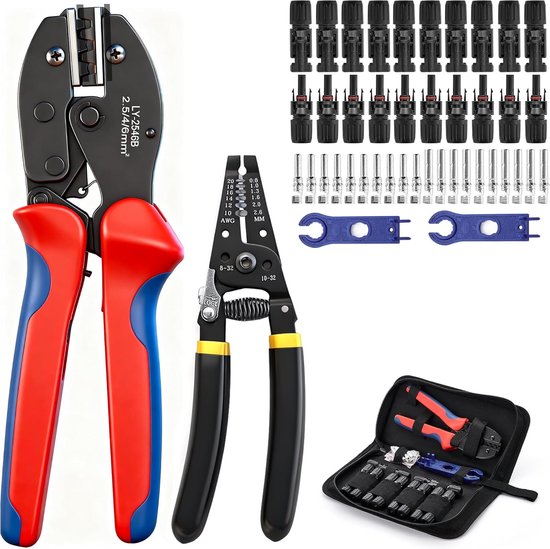 Krimptang op zonne-energie, set voor 2,5/4/6 mm² PVC-kabels, striptang + 10 paar kabelstekkers + 10 paar mannelijk/vrouwelijke stekkers, IP68 waterdicht, voor kabelaansluiting op zonne-energie