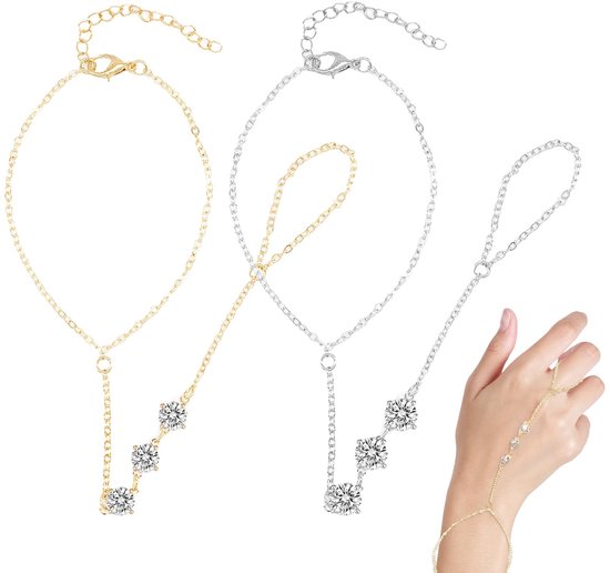 Kristallen handharnas armband dames goud en zilver - 2 stuks set - verstelbare maat 17-22cm - elegante handketting met ring - ideaal voor feest, strand, dagelijks gebruik