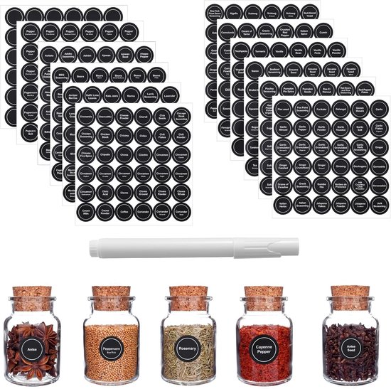 Kruidenetiketten, zelfklevend, met 1 stift, waterdichte en scheurvaste stickers, kruidenetiketten, rond, minimalistisch, zwart, keukenetiketten, 432 stuks van Merkloos	