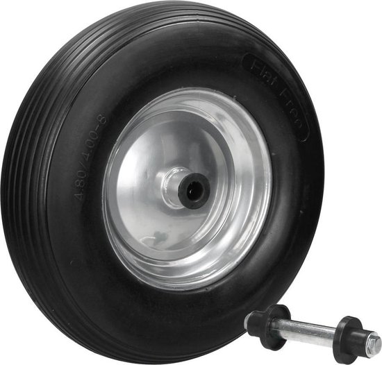 Kruiwagenwiel 390 mm 4.80/4.00-8 met as Lijnprofiel zwart PU massief rubber van Merkloos	