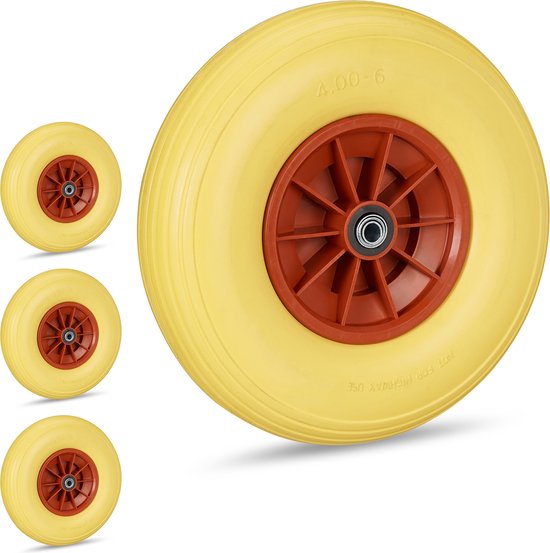 kruiwagenwiel 4.00-6 - set van 4 - massief rubber - 33 cm - anti-lek - tot 100 kg - geel-rood van Merkloos	